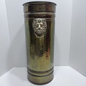 18" Tall Vintage Hammered Brass umbrella stand Lion Head Knocker Holland Large